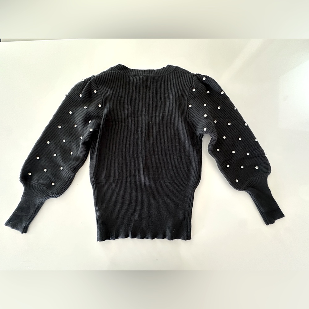 H Halston sweater black with sparkly rhinestone bubble sleeves. Sq neck medium